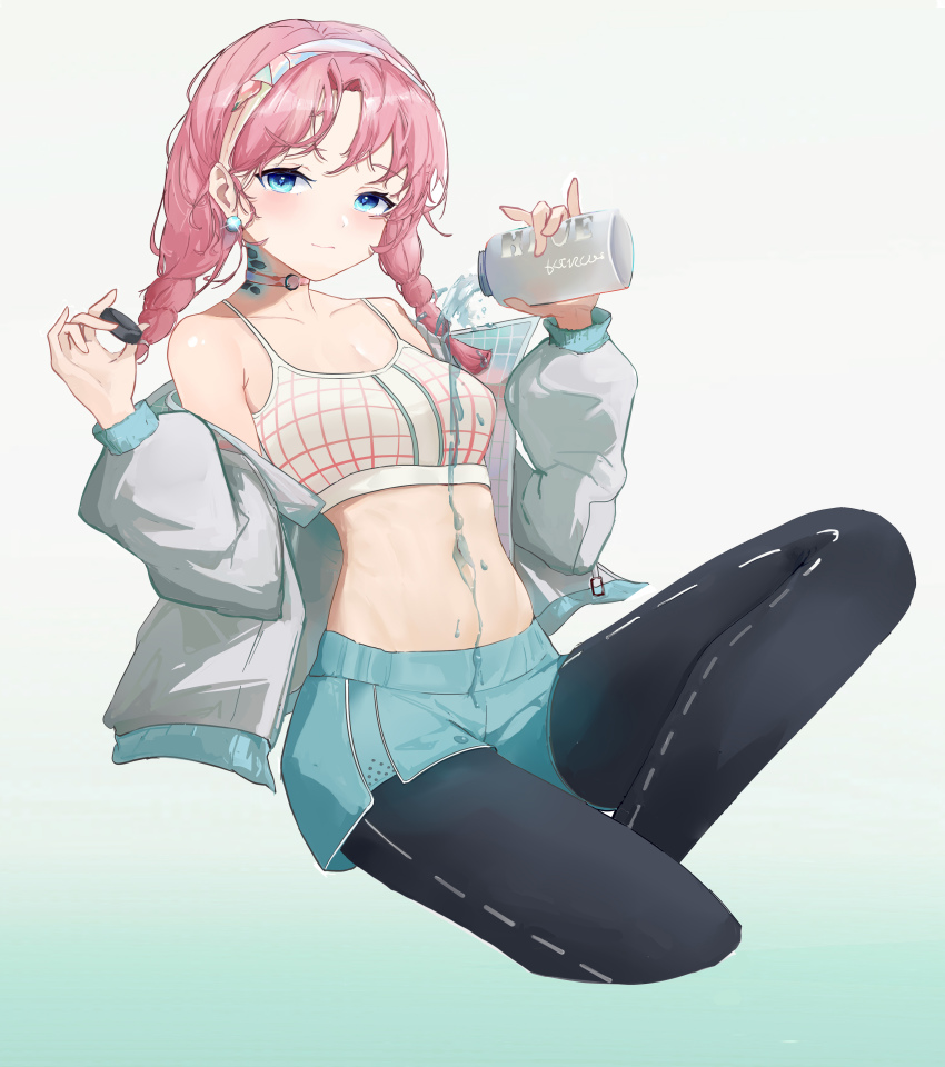 1girl, absurdres, aqua_background, arknights, bare_shoulders, black_pantyhose, blue_eyes, blue_poison_(arknights)