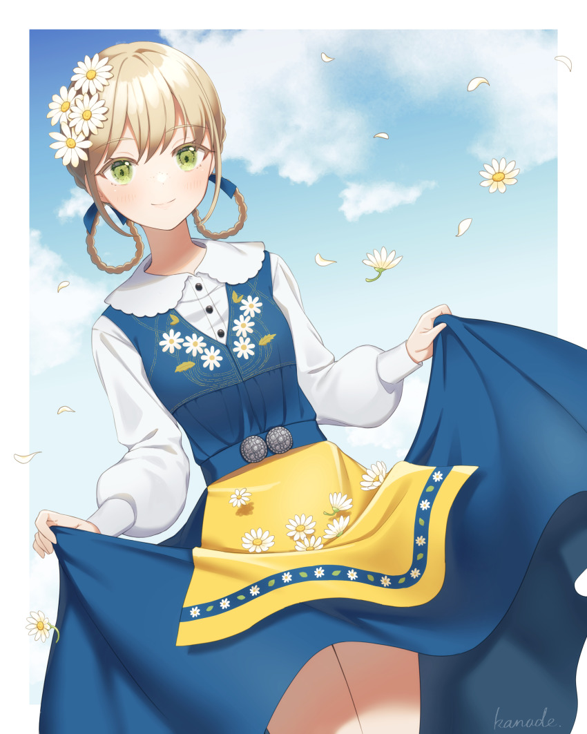 1girl, absurdres, apron, blonde_hair, blue_dress, border, braid, clothes_lift