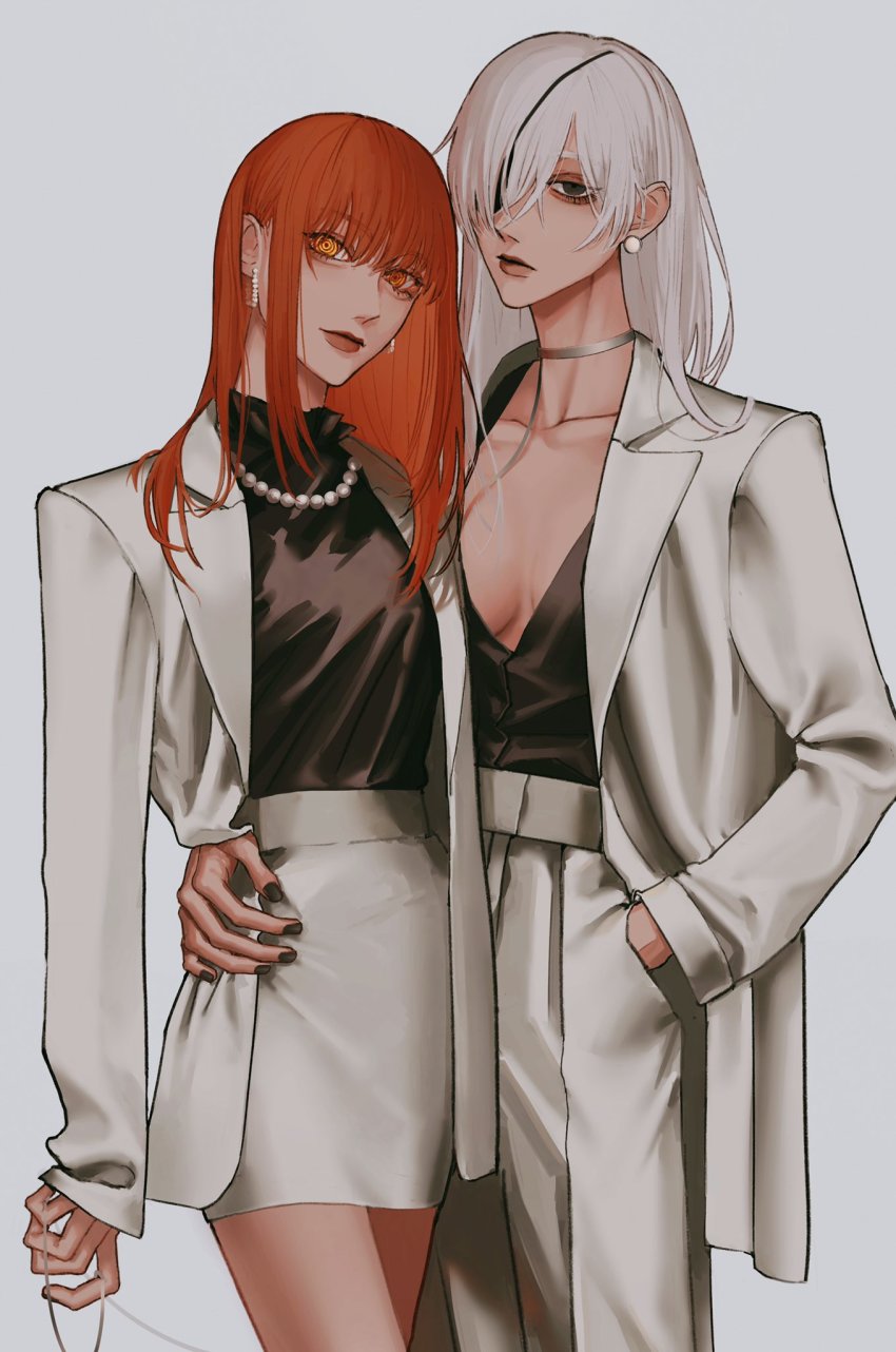 2girls, alternate_costume, alternate_hairstyle, black_nails, black_shirt, breasts, chainsaw_man, choker