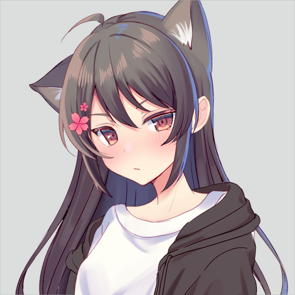 1girl, animal_ear_fluff, animal_ears, black_hair, black_hoodie, blush, brown_eyes, cat_ears, eyebrows_hidden_by_hair, flower, grey_background, hair_flower, hair_ornament, hood, hoodie, long_hair, original, picrew, sentoii, shirt, simple_background, solo, white_shirt