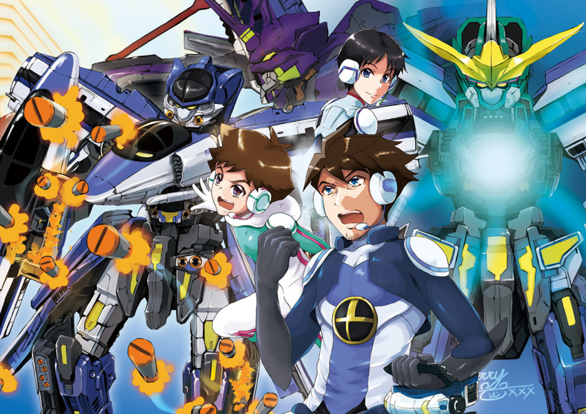 3boys, 500_kodama_(shinkalion), 500_type_eva, black_hair, blue_eyes, bodysuit, clenched_hands, crossover