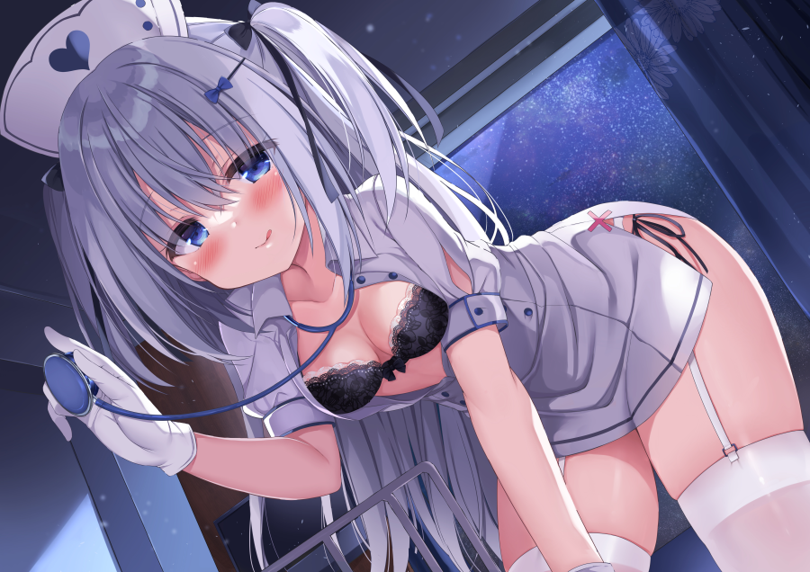 1girl, :q, all_fours, black_bow, black_bra, black_panties, blue_bow, blush