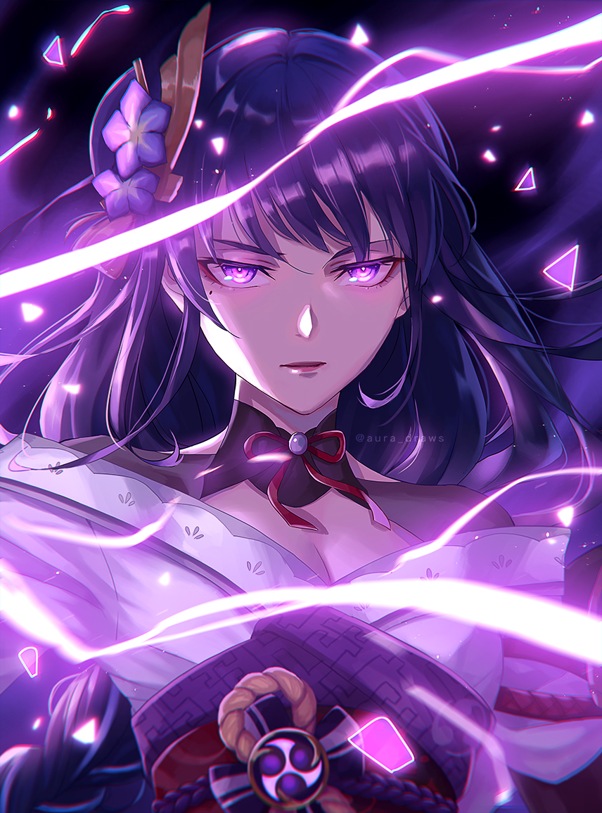 1girl, aura_draws, blunt_bangs, braid, breasts, cleavage, closed_mouth, electricity, eyeshadow, flower, genshin_impact, hair_ornament, japanese_clothes, kimono, long_hair, looking_at_viewer, low-braided_long_hair, low-tied_long_hair, makeup, mole, mole_under_eye, purple_eyes, purple_flower, purple_hair, raiden_shogun, red_eyeshadow, ribbon, solo, tassel, tomoe_(symbol), vision_(genshin_impact)