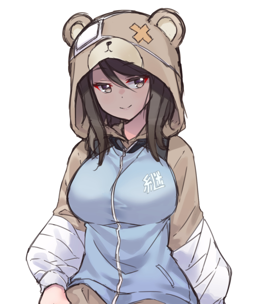 1girl, animal_costume, bandages, bear_costume, blue_jacket, boko_(girls_und_panzer), boko_(girls_und_panzer)_(cosplay), brown_eyes