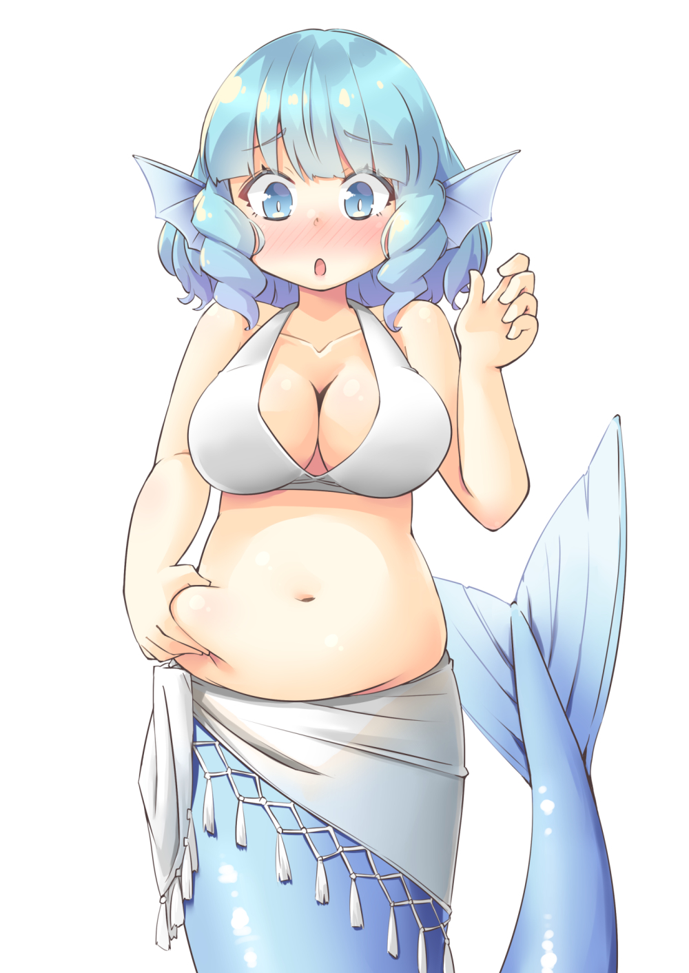 1girl, arnest, belly, blue_eyes, blue_hair, blush, breasts, cleavage, commentary_request, commission, drill_hair, drill_sidelocks, fins, head_fins, highres, large_breasts, merfolk, mermaid, monster_girl, muffin_top, navel, open_mouth, pinching_own_belly, plump, sarong, sidelocks, simple_background, skeb_commission, solo, swimsuit, touhou, wakasagihime, weight_conscious, white_background