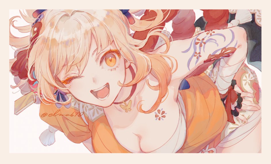 1girl, arm_tattoo, bandaged_arm, bandages, bent_over, blonde_hair, border, breasts, butterfly_choker, chest_tattoo, choker, cleavage, commentary, cowboy_shot, elmar, eyelashes, flower_knot, genshin_impact, hand_on_own_hip, japanese_clothes, kimono, looking_at_viewer, medium_breasts, medium_hair, off_shoulder, one_eye_closed, open_mouth, orange_kimono, red_choker, rope, sarashi, shimenawa, simple_background, smile, solo, tattoo, twitter_username, white_background, wrist_wrap, yellow_eyes, yoimiya_(genshin_impact)