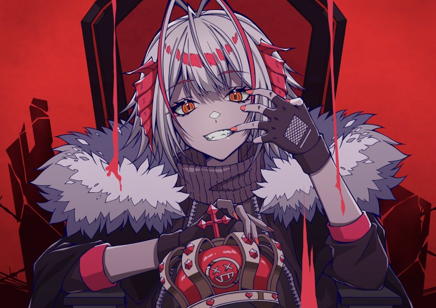 1girl, antenna_hair, arknights, crown, demon_horns, fingerless_gloves, fur-trimmed_jacket, fur_trim