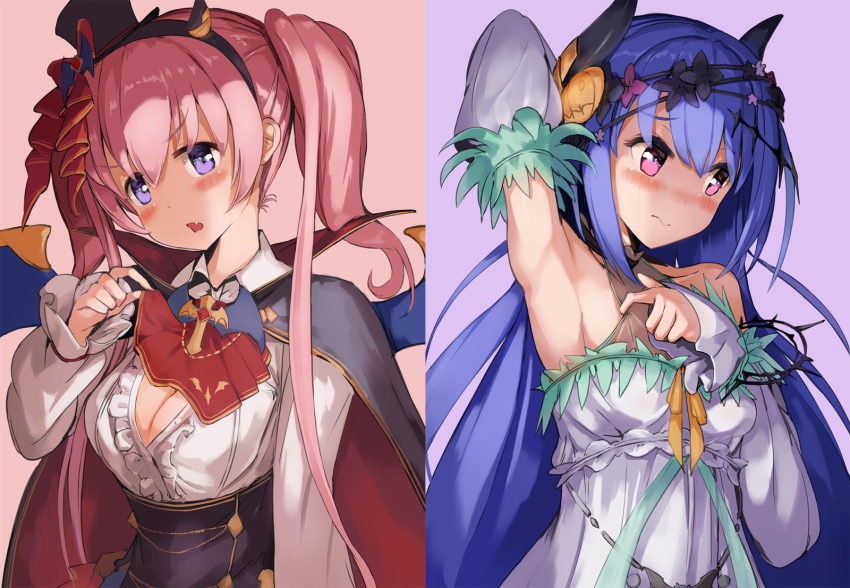 2girls, asalilysuke, blue_eyes, blush, breasts, halloween, halloween_costume, highres, large_breasts, multiple_girls, pink_hair, princess_connect!, rei_(halloween)_(princess_connect!), rei_(princess_connect!), small_breasts, tagme, tsumugi_(halloween)_(princess_connect!), tsumugi_(princess_connect!)