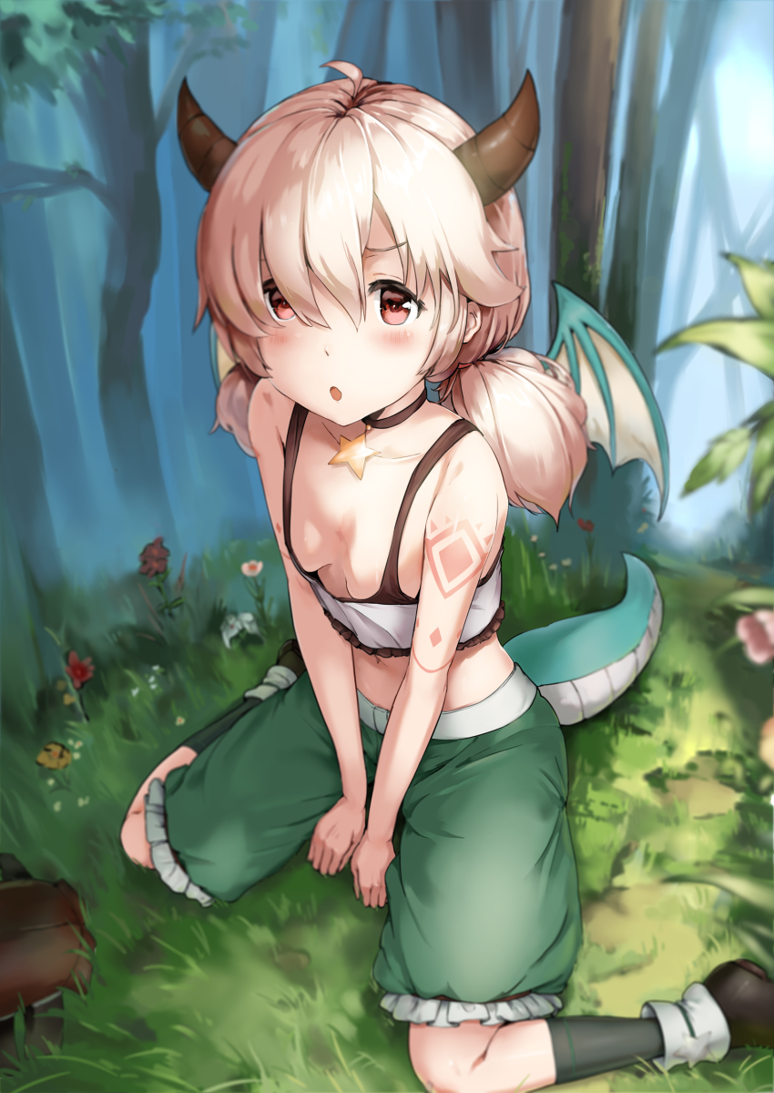 1girl, absurdres, asalilysuke, blush, dragon_girl, dragon_horns, dragon_tail, dragon_wings