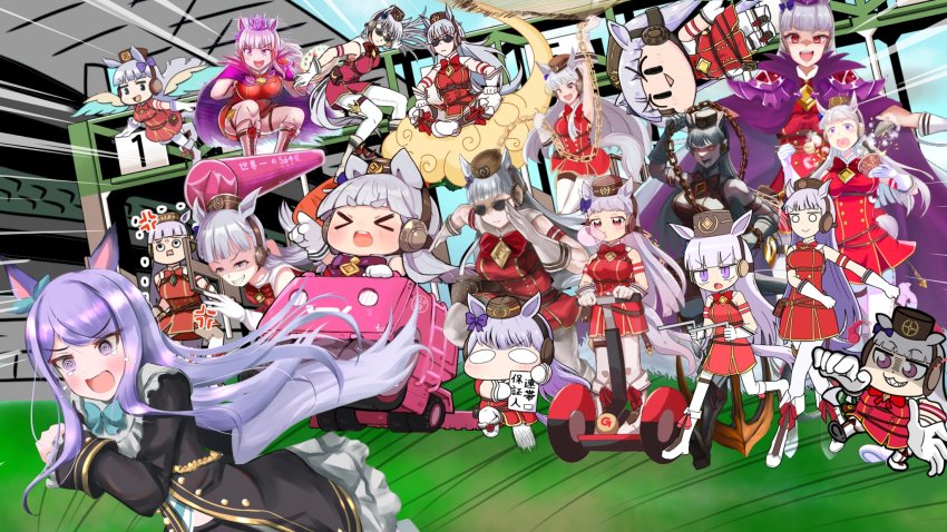 >_<, 6+girls, @_@, anger_vein, animal_ears, aonoriwakame, arms_behind_back, artist_collaboration, black_dress, black_headwear, blank_eyes, blue_neckwear, blunt_bangs, boots, bow, bowtie, cape, chain, chasing, chewing_gum, chibi, commentary, day, dragon_ball, dress, emphasis_lines, flying, frown, gloves, gold_ship_(that_time_i_became_the_strongest)_(umamusume), gold_ship_(umamusume), grey_hair, grin, hako_roku, hasewo, headphones, highres, horse_ears, horse_girl, horse_tail, indian_style, ipon17, kudan4429, long_hair, looking_at_another, maemae_(rixathsi), mamiyahara_hitoshige, mejiro_mcqueen_(umamusume), motion_lines, multiple_girls, multiple_persona, muromachi_atsushi, nekodason, open_mouth, outdoors, pantyhose, pillar, pillbox_hat, purple_cape, purple_eyes, purple_hair, purple_headwear, quatraise, red_dress, red_neckwear, running, segway, short_dress, sitting, sleeveless, sleeveless_dress, smile, squatting, stadium, sunglasses, surfing, tail, taka00277657, tears, umamusume, usugiri_bacon, walking, white_footwear, white_gloves, white_legwear, wings, yuu_kurema, zamboni