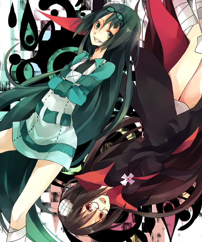 2girls, bad_id, bad_pixiv_id, bandages, glasses, long_hair, multiple_girls, niounomiya_izumu