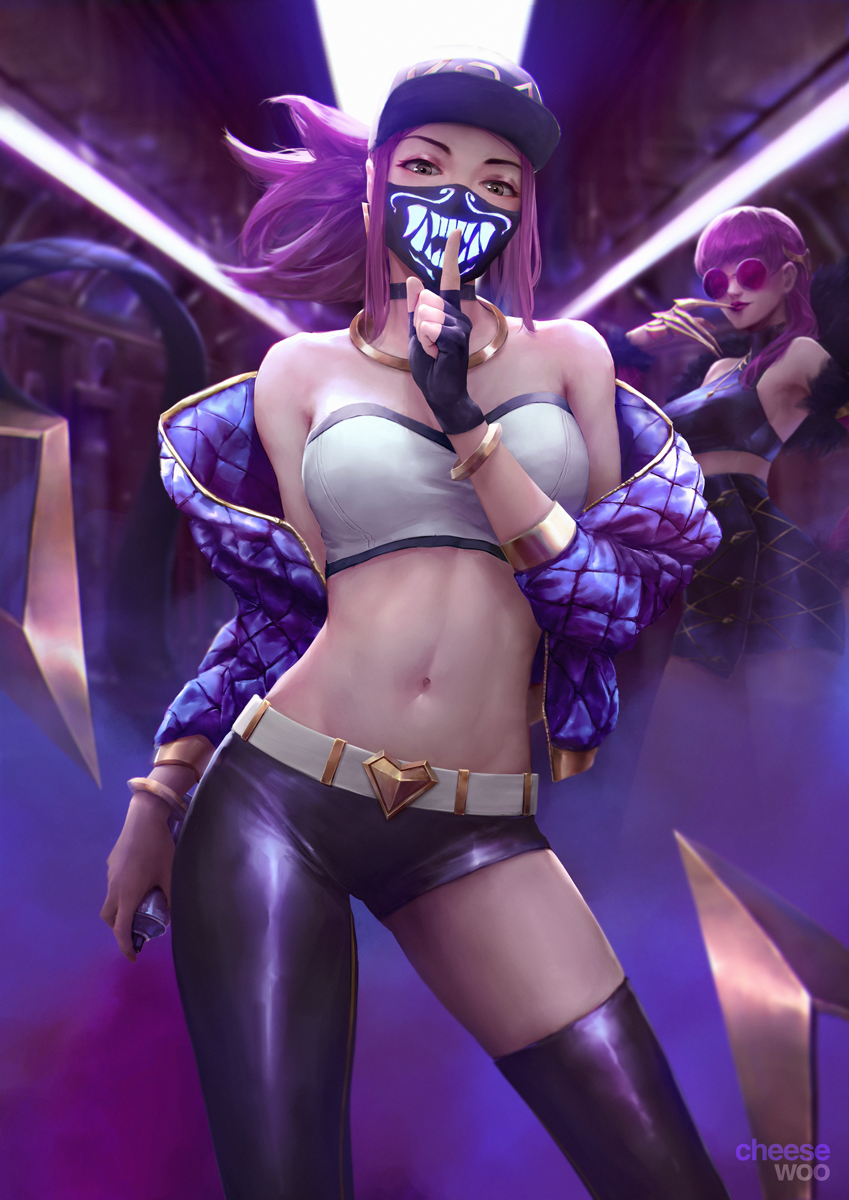 2girls, akali, artist_name, asymmetrical_legwear, baseball_cap, belt, bracelet, breasts, can, cheesewoo, choker, claws, cleavage, contrapposto, crop_top, evelynn_(league_of_legends), finger_to_mouth, fingerless_gloves, gloves, hair_over_shoulder, hat, highres, holding, holding_can, jacket, jewelry, k/da_(league_of_legends), k/da_akali, k/da_evelynn, league_of_legends, lipstick, long_hair, makeup, mask, medium_breasts, midriff, mouth_mask, multiple_girls, navel, neck_ring, official_alternate_costume, paint_can, ponytail, purple-tinted_eyewear, purple_hair, purple_jacket, shushing, single_fingerless_glove, single_glove, single_thighhigh, skirt, smoke, solo_focus, stomach, sunglasses, thighhighs, tinted_eyewear, train_interior, uneven_legwear, yellow_eyes