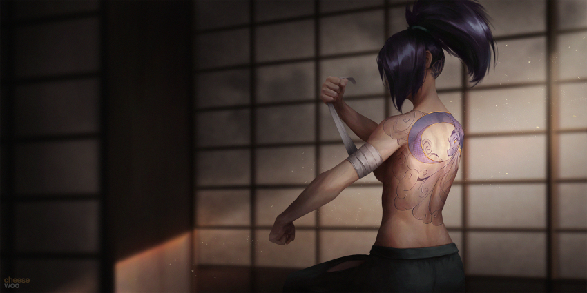 1girl, akali, back, back_tattoo, bandaged_arm, bandages, bare_back, black_hair