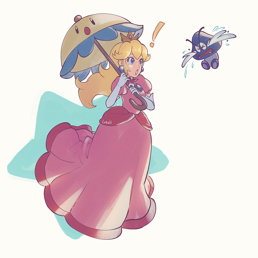 !, 1girl, :o, artist_name, blonde_hair, blue_eyes, blue_umbrella, brooch, crown, dress, earrings, elbow_gloves, eyelashes, frilled_dress, frilled_shirt_collar, frills, full_body, gloves, goomba, hands_up, holding, holding_umbrella, jewelry, lips, long_dress, long_hair, looking_at_another, lopuii, mario_(series), nintendo, open_mouth, over_shoulder, parasol, perry_(mario), pink_dress, pink_lips, princess, princess_peach, puffy_short_sleeves, puffy_sleeves, sad_goomba, short_sleeves, simple_background, star_(symbol), star_symbol_background, super_princess_peach, umbrella, white_background, white_gloves, yellow_umbrella