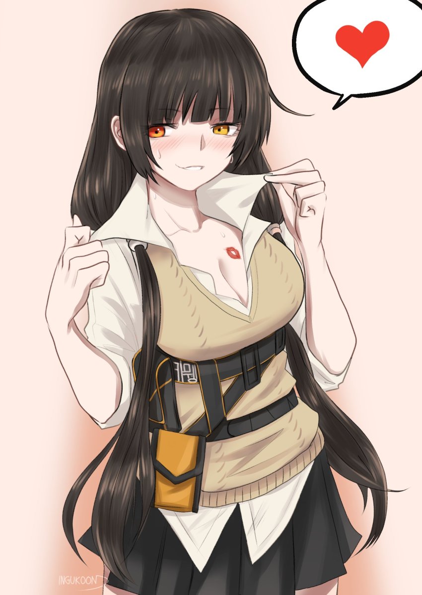 1girl, ammunition_pouch, black_skirt, blush, braid, breasts, brown_hair, cleavage