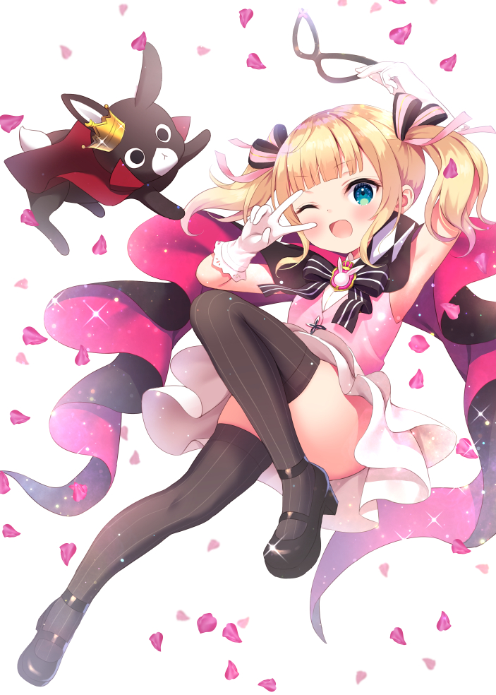 1girl, ;d, animal, anko_(gochiusa), arm_up, black_bow, black_footwear, black_thighhighs