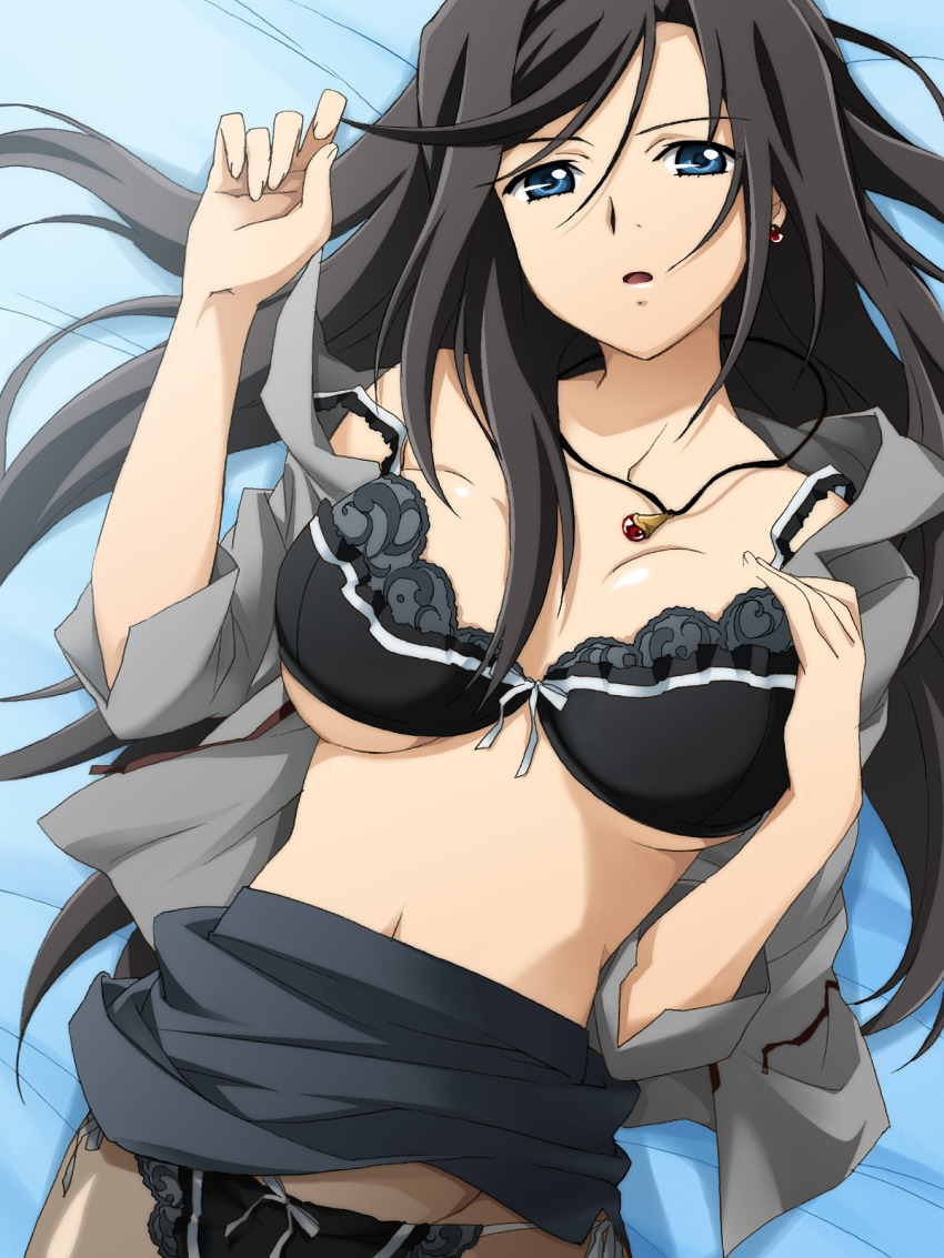 1girl, black_bra, black_hair, black_panties, blue_eyes, bow, bow_panties, bra, breasts, cleavage, clothes_lift, earrings, el_cazador_de_la_bruja, highres, jewelry, jody_hayward, large_breasts, lingerie, long_hair, lying, midriff, necklace, open_clothes, open_mouth, open_shirt, panties, panties_under_pantyhose, pantyhose, pencil_skirt, saipaco, shirt, side-tie_panties, skirt, skirt_lift, solo, strap_slip, underboob, underwear, undressing