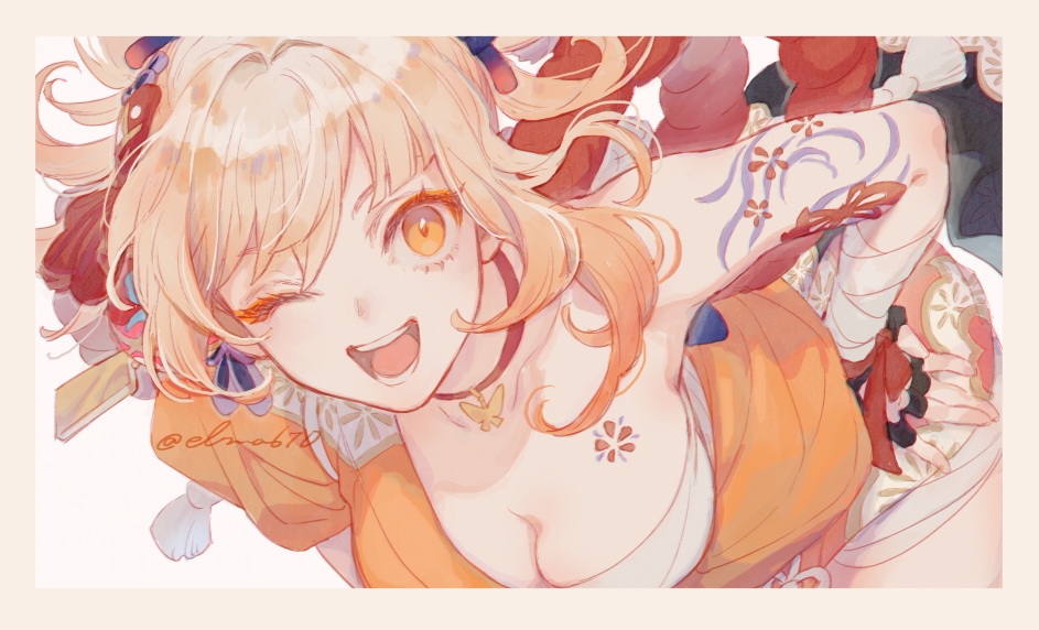1girl, arm_tattoo, bandaged_arm, bandages, bent_over, blonde_hair, border, breasts, butterfly_choker, chest_tattoo, choker, cleavage, commentary_request, cowboy_shot, elmar, eyelashes, flower_knot, genshin_impact, hand_on_own_hip, japanese_clothes, kimono, looking_at_viewer, medium_breasts, medium_hair, off_shoulder, one_eye_closed, open_mouth, orange_kimono, red_choker, rope, sarashi, shimenawa, simple_background, smile, solo, tattoo, twitter_username, white_background, wrist_wrap, yellow_eyes, yoimiya_(genshin_impact)