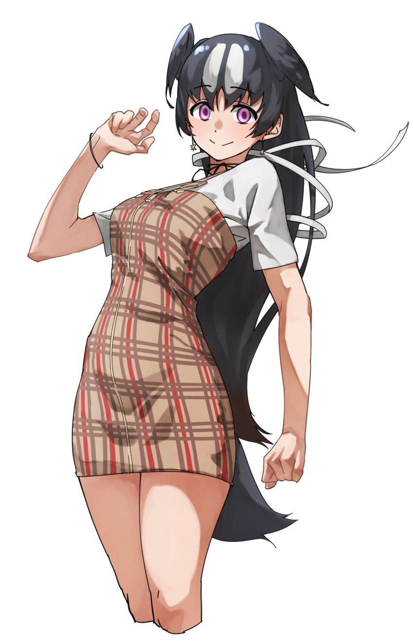 alternate_costume, black_hair, black_neckwear, bracelet, brown_dress, casual, commentary_request, cowboy_shot