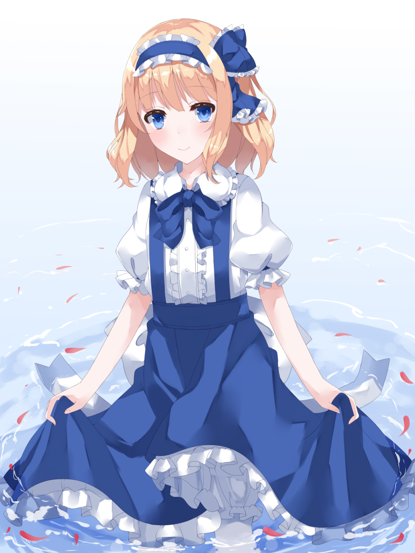 1girl, alice_margatroid, alice_margatroid_(pc-98), blonde_hair, blouse, blue_eyes, blue_hairband, blue_ribbon