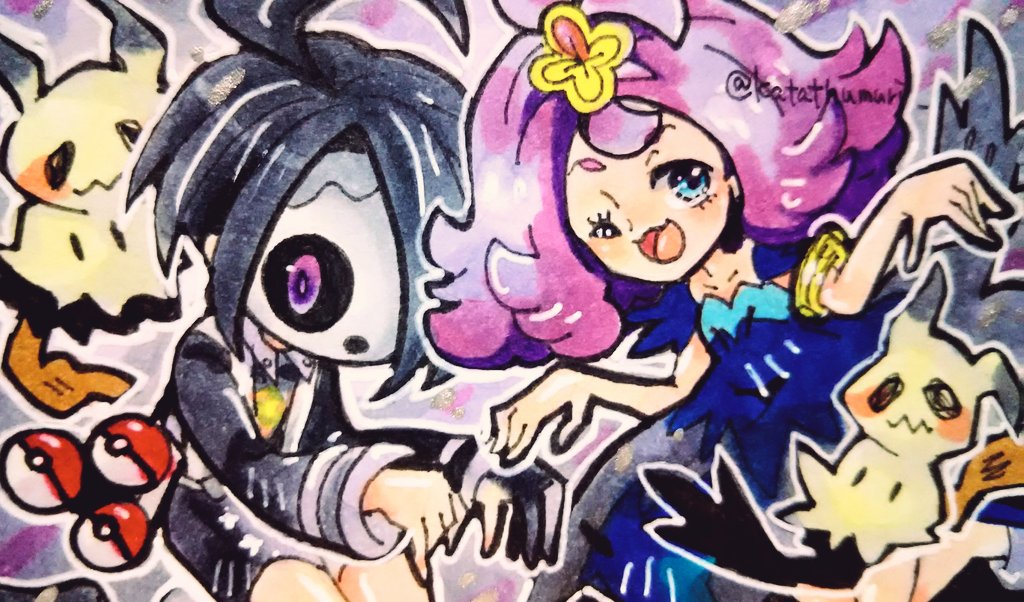 1boy, 1girl, acerola_(pokemon), ahoge, allister_(pokemon), gen_7_pokemon, katathumuri, looking_at_viewer