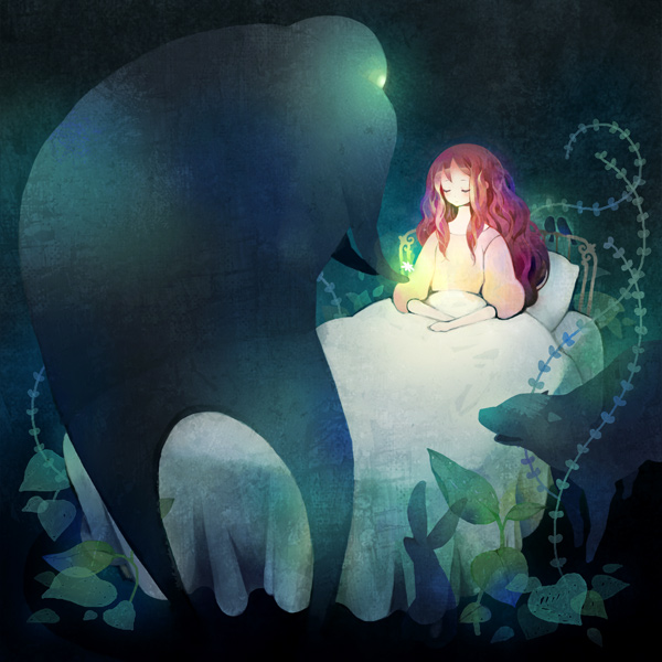 bed, dark, glowing, leaf, long_hair, monster, plant, rabbit