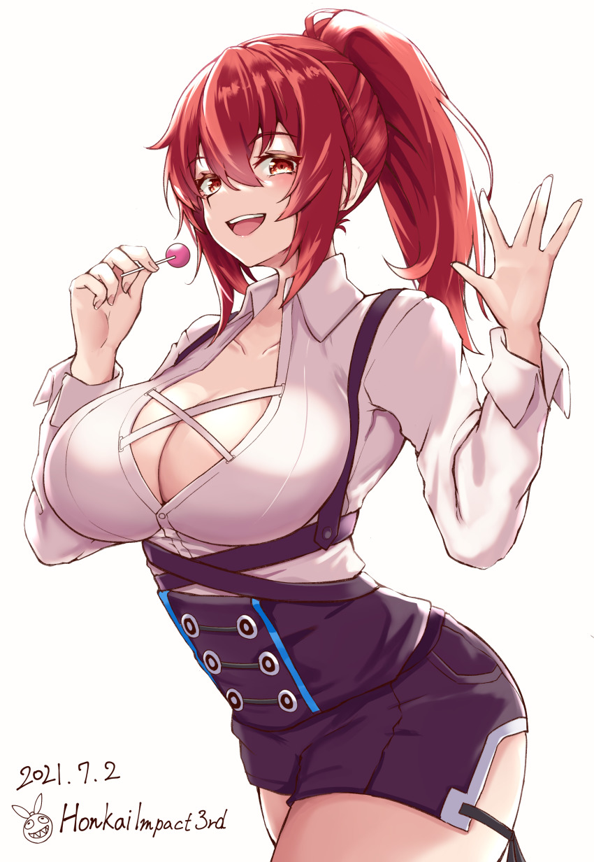 1girl, :d, absurdres, belt, black_shorts, blush, bodice, breasts