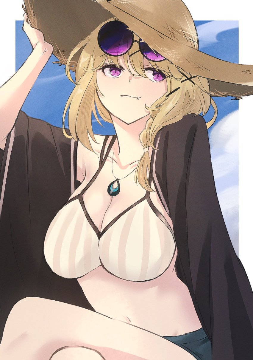 1girl, arknights, bikini, bikini_top_only, black_cardigan, blonde_hair, blue_shorts, breasts