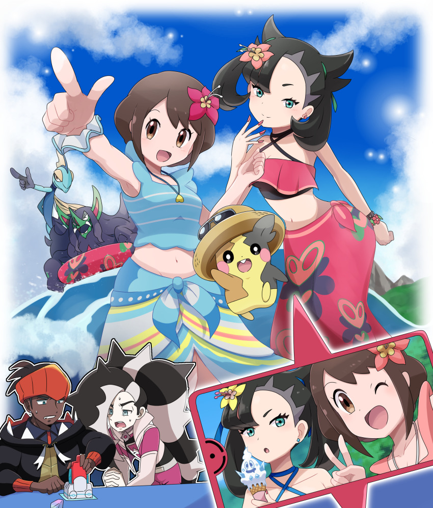 2boys, 2girls, ;d, absurdres, arm_up, black_hair, black_hoodie, blue_shirt