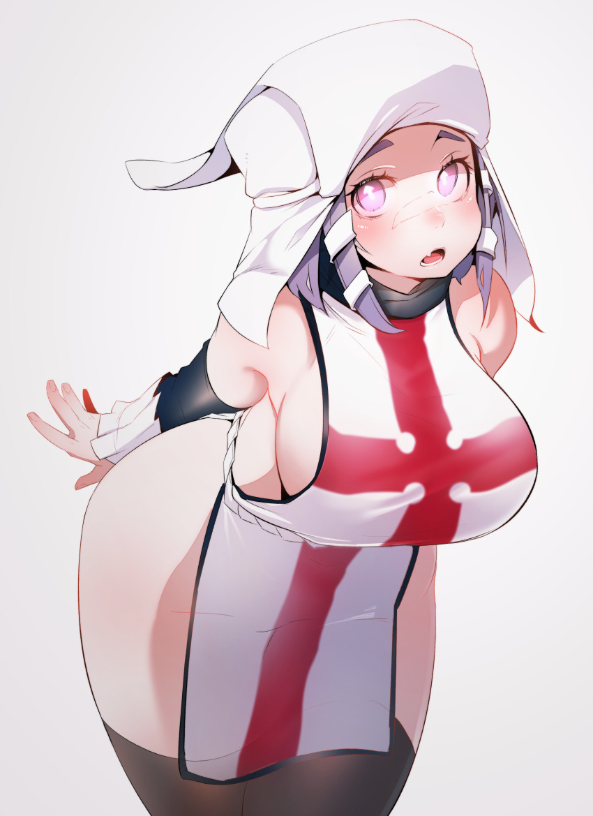 1girl, absurdres, arrow_(en'en_no_shouboutai), arrow_(symbol), black_hair, breasts, en'en_no_shouboutai, hair_ornament, highres, large_breasts, looking_at_viewer, open_mouth, robe, scar, scar_on_face, shimobaru, sideboob, solo, symbol-shaped_pupils, thighhighs, thighs, white_background, white_robe