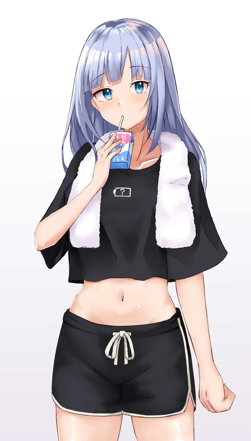 1girl, absurdres, after_bathing, aqua_eyes, black_shirt, black_shorts, blue_hair, blush