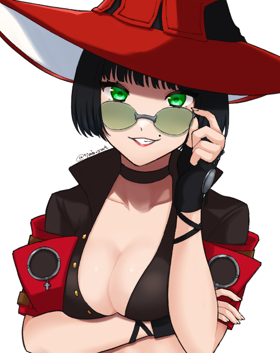 1girl, 7mb_yut, adjusting_eyewear, adjusting_glasses, arc_system_works, black_hair, blunt_bangs, breasts, cleavage, glasses, green-tinted_eyewear, green_eyes, guilty_gear, guilty_gear_strive, i-no, large_breasts, looking_at_viewer, looking_over_eyewear, looking_over_glasses, simple_background, smile, solo, sunglasses, tinted_eyewear, white_background