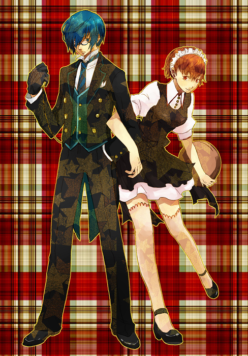 1boy, 1girl, apron, atlus, bad_id, bad_pixiv_id, blue_eyes, blue_hair