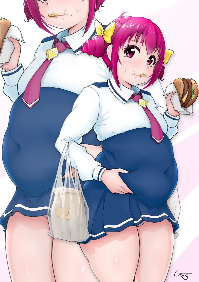 1girl, bag, belly_grab, bow, breasts, burger, character_request, closed_mouth, commentary_request, copyright_request, covered_navel, food, furrowed_brow, hair_bow, highres, long_sleeves, looking_at_viewer, looking_to_the_side, medium_hair, multiple_views, napkin, paper_bag, pink_eyes, pink_hair, plastic_bag, plump, shigekikkusu, shopping_bag, sidelocks, signature, small_breasts, striped_clothes, striped_wrist_cuffs, tagme, tareme, thick_thighs, thighs, wcdonald's, wing_collar, wrist_cuffs