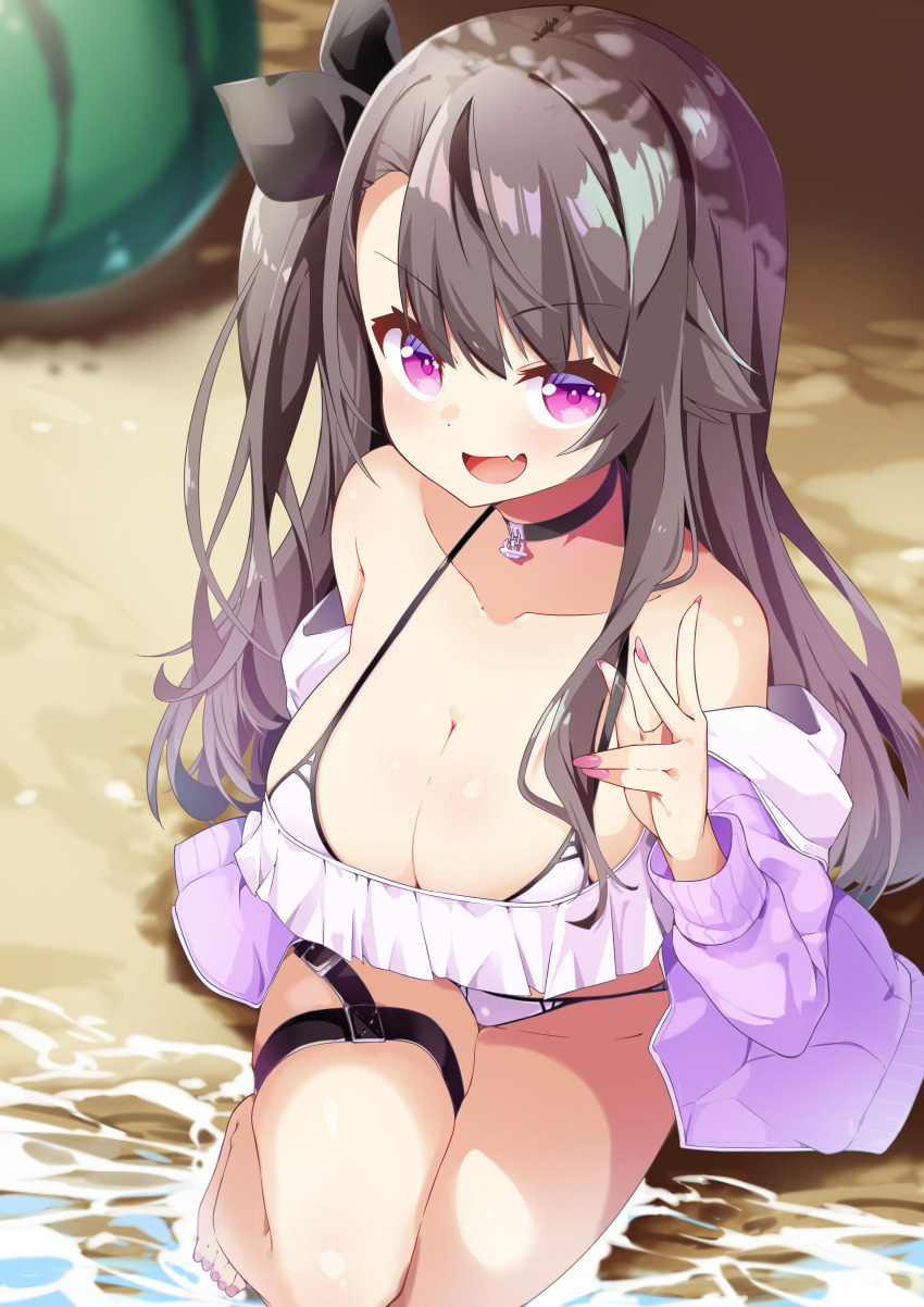 1girl, absurdres, alternate_costume, azur_lane, bikini, bikini_pull, black_hair, blush