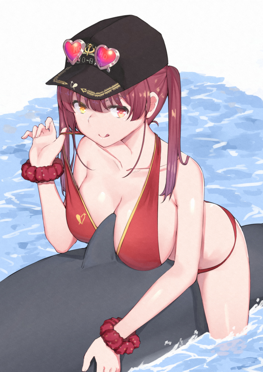 1girl, :p, between_breasts, bikini, bikini_top_lift, black_hat, breasts, clothes_lift, collarbone, fish, hat, heart, heterochromia, highres, hololive, houshou_marine, houshou_marine_(summer), kaname_(melaninusa09), large_breasts, long_hair, looking_at_viewer, red_bikini, red_eyes, red_hair, riding, riding_shark, scrunchie, shark_fin, soaking_feet, solo, straddling, strap_lift, swimsuit, tongue, tongue_out, twintails, virtual_youtuber, water, wrist_scrunchie, yellow_eyes