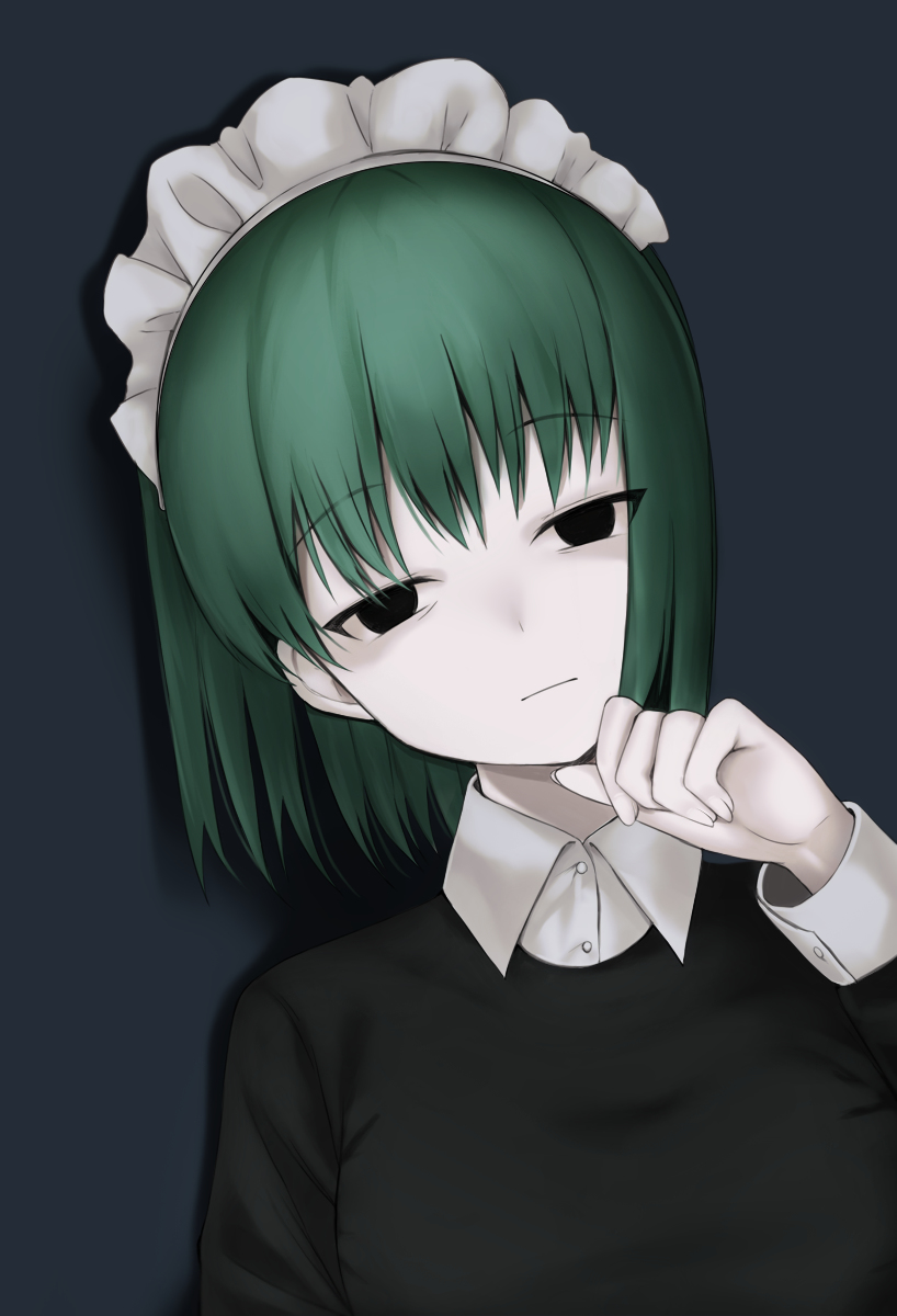 bags_under_eyes, black_eyes, clenched_hand, closed_mouth, collared_shirt, dark_background, empty_eyes, green_hair, highres, iya_maid, long_sleeves, maid, maid_headdress, ompf, original, pale_skin, shirt, short_hair, white_shirt