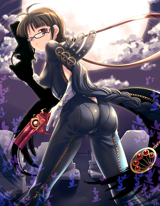 1girl, akizuki_ritsuko, antenna_hair, ass, bad_id, bad_pixiv_id, bayonetta, bayonetta_(cosplay)