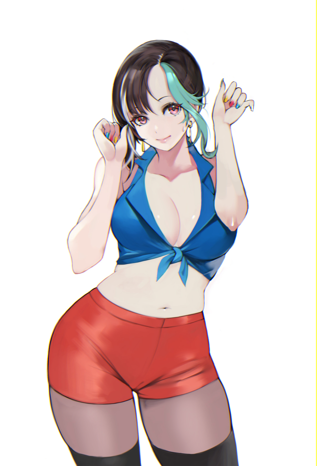 1girl, aqua_hair, bare_arms, bare_shoulders, black_hair, black_pantyhose, blue_shirt, bobobong