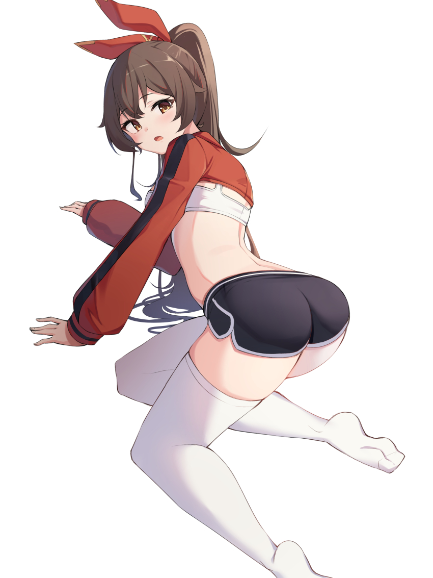 1girl, absurdres, all_fours, amber_(genshin_impact), arched_back, ass, black_shorts, breasts, brown_hair, crop_top, extreme_crop_top, from_behind, genshin_impact, hair_ribbon, highres, long_hair, long_sleeves, looking_at_viewer, looking_back, midriff, no_shoes, open_mouth, orange_eyes, ponytail, ribbon, short_shorts, shorts, shrug_(clothing), simple_background, small_breasts, solo, sports_bra, thighhighs, thighs, white_background, white_thighhighs, ziro_(zirorong)