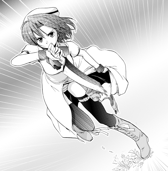 00s, 1girl, beret, billhook, boots, female_focus, gamute_de_kotei, greyscale, hashitsuki_nata, hat, hatchet, higurashi_no_naku_koro_ni, monochrome, nata_(tool), panties, ryuuguu_rena, solo, striped_clothes, striped_panties, thighhighs, underwear