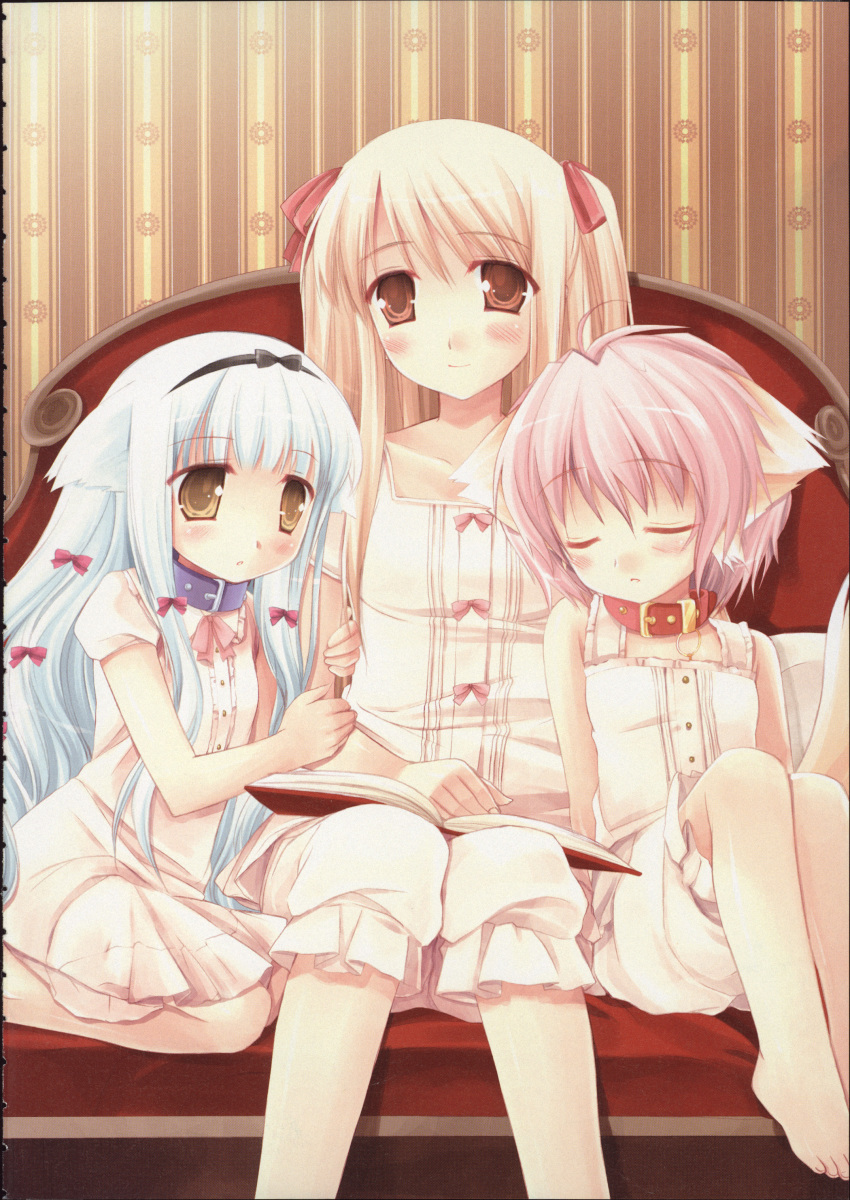 3girls, absurdres, animal_ears, arm_grab, barefoot, blonde_hair, blush, book