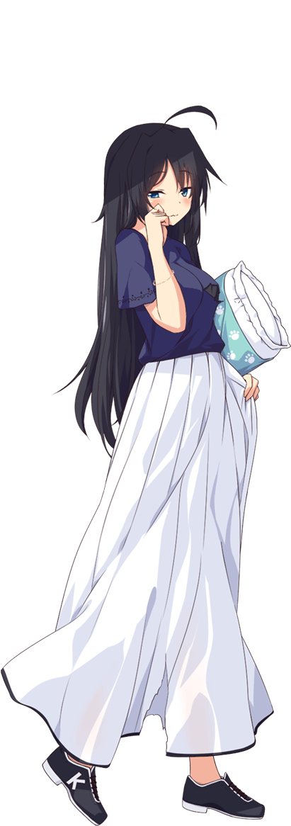 1girl, ahoge, black_hair, blush, closed_eyes, from_side, full_body, hair_down