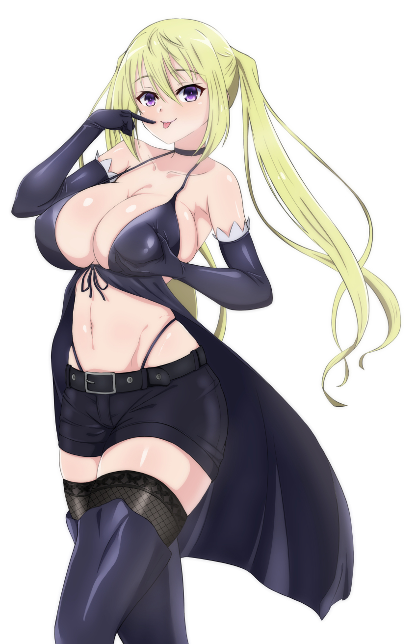 1girl, :p, absurdres, bare_shoulders, belt, bikini, bikini_top_only, black_belt, black_bikini, black_boots, black_cape, black_choker, black_gloves, black_panties, black_shorts, black_thighhighs, blonde_hair, blush, boots, breasts, cape, choker, cleavage, collarbone, commentary_request, cowboy_shot, elbow_gloves, finger_to_mouth, fishnet_thighhighs, fishnets, gloves, grabbing_another's_breast, grabbing_own_breast, groin, groping, hair_between_eyes, hand_up, highleg, highleg_panties, highres, large_breasts, lieselotte_sherlock, long_hair, looking_at_viewer, macaroni_(dontakadx), navel, panties, partial_commentary, purple_eyes, short_shorts, shorts, sidelocks, simple_background, skindentation, smile, solo, standing, stomach, swimsuit, thigh_boots, thighhighs, tongue, tongue_out, trinity_seven, twintails, underwear, waist_cape, white_background