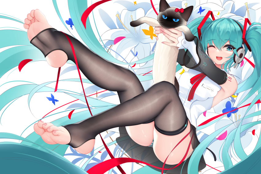 1girl, ;d, absurdly_long_hair, animal, aqua_eyes, aqua_hair, arms_up, black_skirt, black_thighhighs, bow, bug, butterfly, cat, commentary, detached_sleeves, feet, fingernails, flower, foot_focus, full_body, hair_between_eyes, hatsune_miku, hatsune_miku_(nt), headphones, highres, holding, holding_animal, holding_cat, insect, legs, long_hair, long_sleeves, looking_at_viewer, nail_polish, nekoda_(maoda), no_shoes, one_eye_closed, open_mouth, panties, piapro_studio, pink_nails, red_bow, ribbon, shirt, skirt, sleeveless, sleeveless_shirt, smile, soles, solo, stirrup_legwear, striped_clothes, striped_panties, teeth, thigh_strap, thighhighs, toeless_legwear, toenail_polish, toenails, toes, underwear, upper_teeth_only, very_long_hair, vocaloid, white_flower, white_shirt