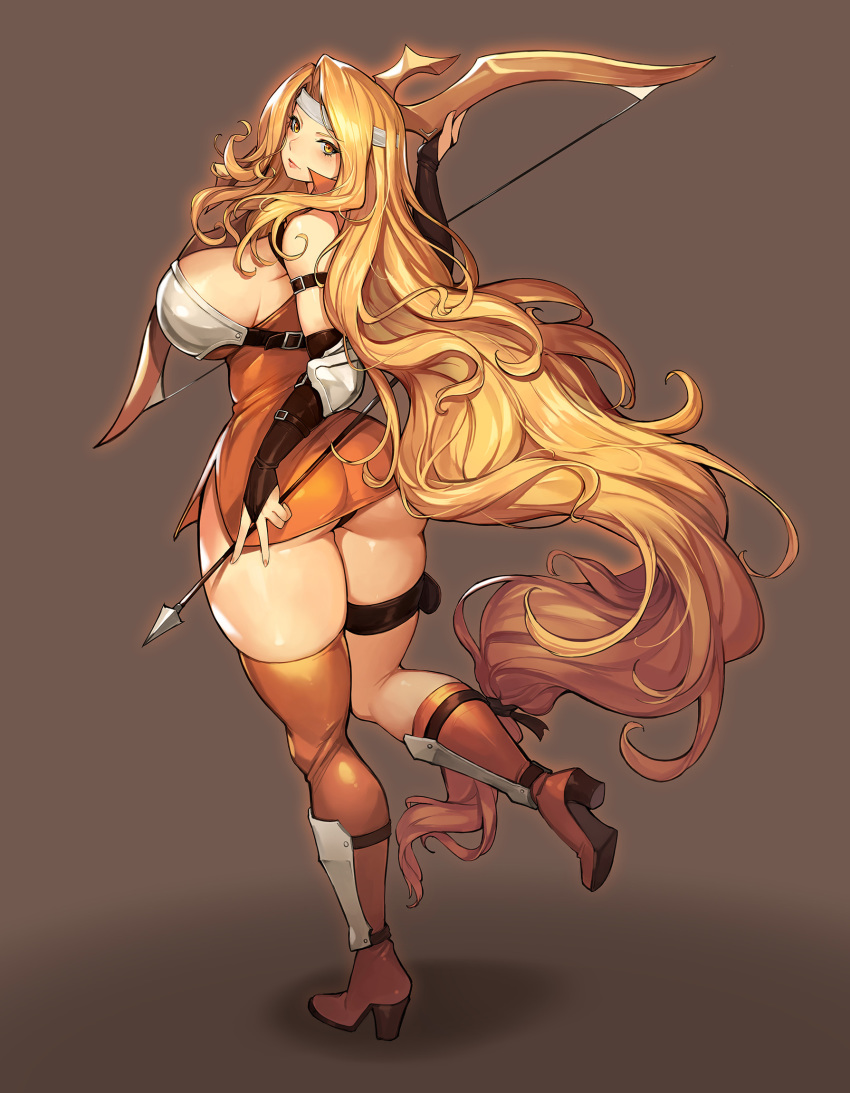1girl, absurdly_long_hair, arrow_(projectile), ass, blonde_hair, boots, bow_(weapon), breasts, bridal_gauntlets, brigid_(fire_emblem), commission, curvy, dress, fingerless_gloves, fire_emblem, fire_emblem:_genealogy_of_the_holy_war, from_behind, full_body, gloves, gurimjang, headband, high_heel_boots, high_heels, highres, holding, holding_weapon, large_breasts, long_hair, looking_back, low-tied_long_hair, miniskirt, nintendo, orange_eyes, panties, pantyshot, pixiv_commission, shadow, short_dress, sideboob, simple_background, skirt, solo, standing, standing_on_one_leg, taut_clothes, taut_dress, thick_thighs, thigh_strap, thighs, underwear, very_long_hair, weapon, white_headband, wide_hips, yewfelle_(fire_emblem)