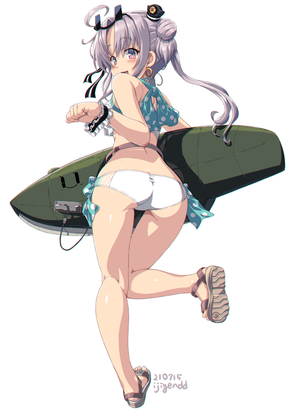 1girl, ahoge, akitsushima_(kancolle), akitsushima_(swimsuit)_(kancolle), artist_name, ass, bag, bikini, blush, butt_crack, commentary_request, dd_(ijigendd), earrings, frills, full_body, highres, jewelry, kantai_collection, long_hair, looking_at_viewer, looking_back, open_mouth, purple_eyes, purple_hair, ribbon, sandals, solo, swimsuit, white_bikini