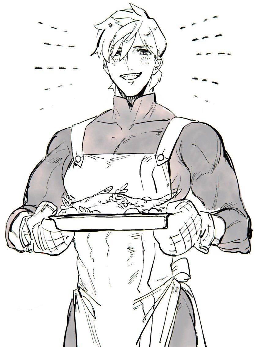1boy, apron, baking_sheet, bodysuit, fate/grand_order, fate_(series), fish, greyscale