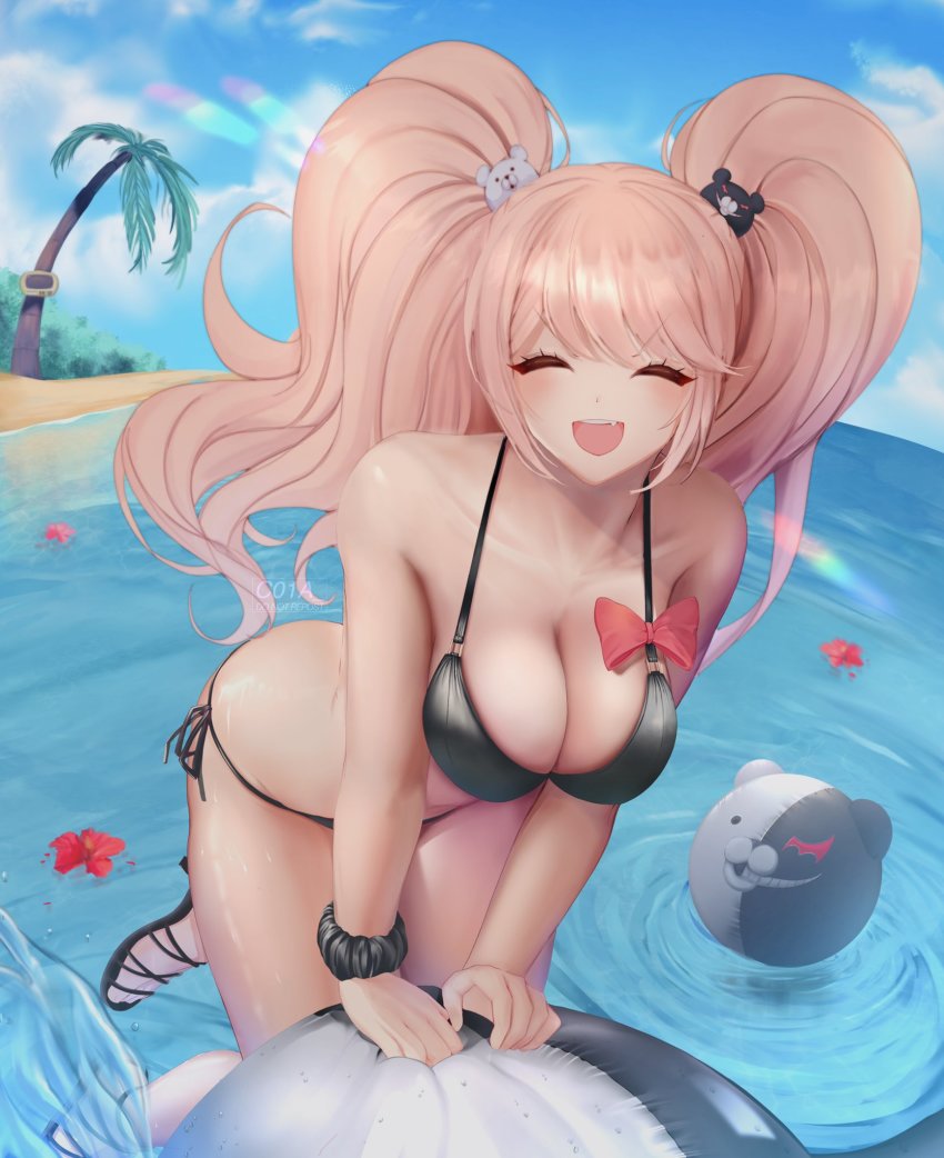 1girl, :d, ball, bare_shoulders, beach, beachball, bear_hair_ornament, bikini, black_bikini, black_footwear, black_scrunchie, blonde_hair, bow, breasts, c01a_(cola), cleavage, closed_eyes, collarbone, commentary, danganronpa:_trigger_happy_havoc, danganronpa_(series), danganronpa_s:_ultimate_summer_camp, day, english_commentary, enoshima_junko, fang, flower, hair_ornament, highres, large_breasts, long_hair, looking_at_viewer, monokuma, open_mouth, palm_tree, red_bow, red_flower, sandals, scrunchie, shoes, side-tie_bikini_bottom, skindentation, smile, solo, string_bikini, swimsuit, teeth, tree, twintails, upper_teeth_only, water, wrist_scrunchie