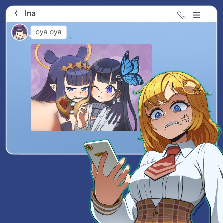 3girls, anger_vein, aoi_nabi, arm_around_shoulder, black_dress, black_hair, blonde_hair, blue_eyes